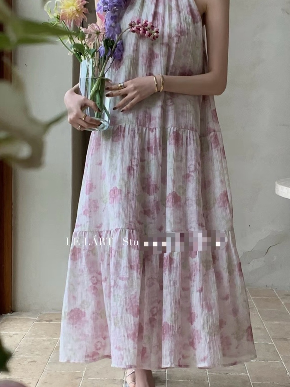 Water-colour Floral Halter Tiered Maxi Dress - Pastel Pink - Picture 4 of 12